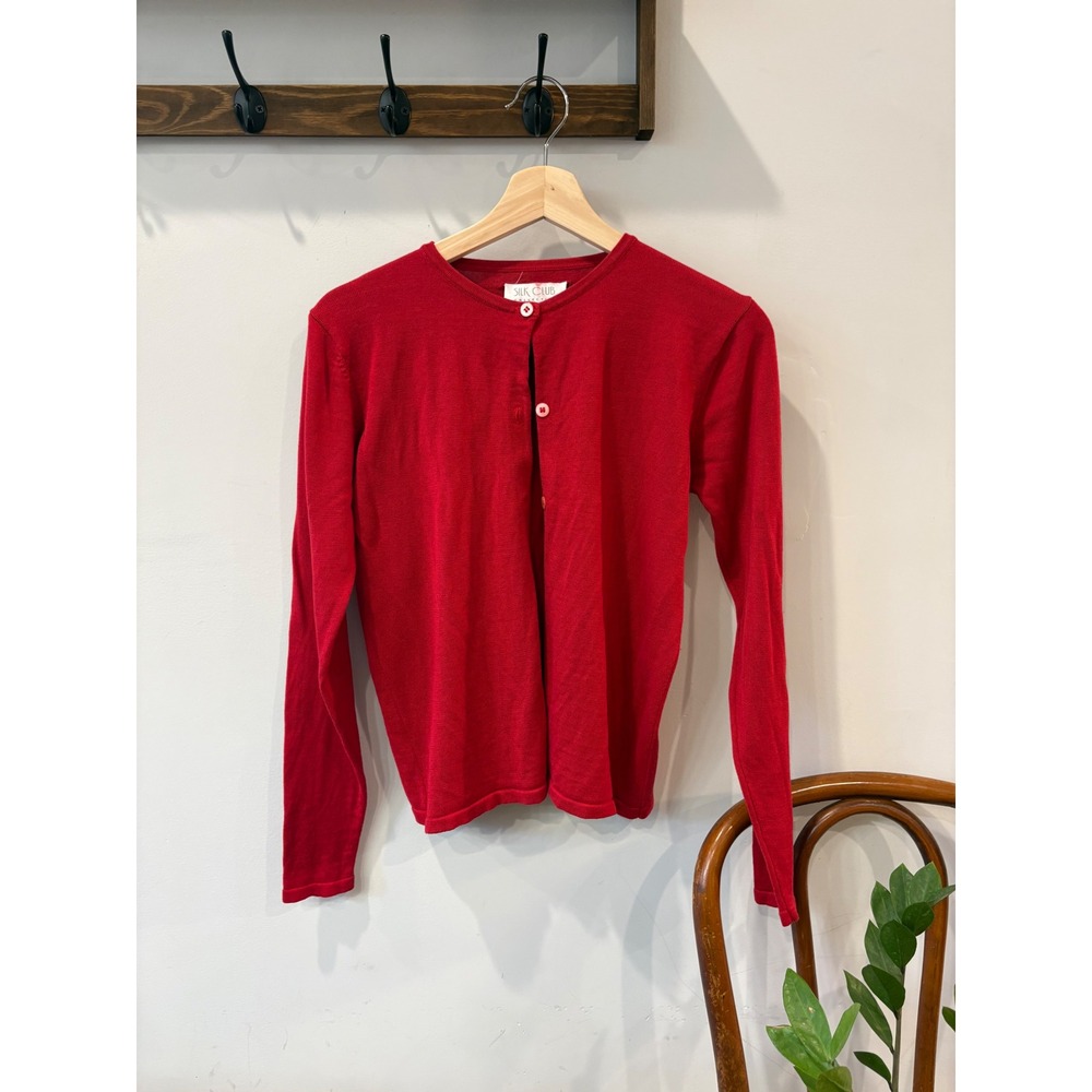 Silk Club Collection Red Silk Cotton Blend Button Front Cardigan - Picture 2 of 6